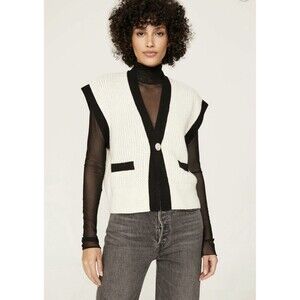 Sandro Paris Sydney Sleeveless Cardigan Vest Cream Black Contrast Trim Sz 2 /Med